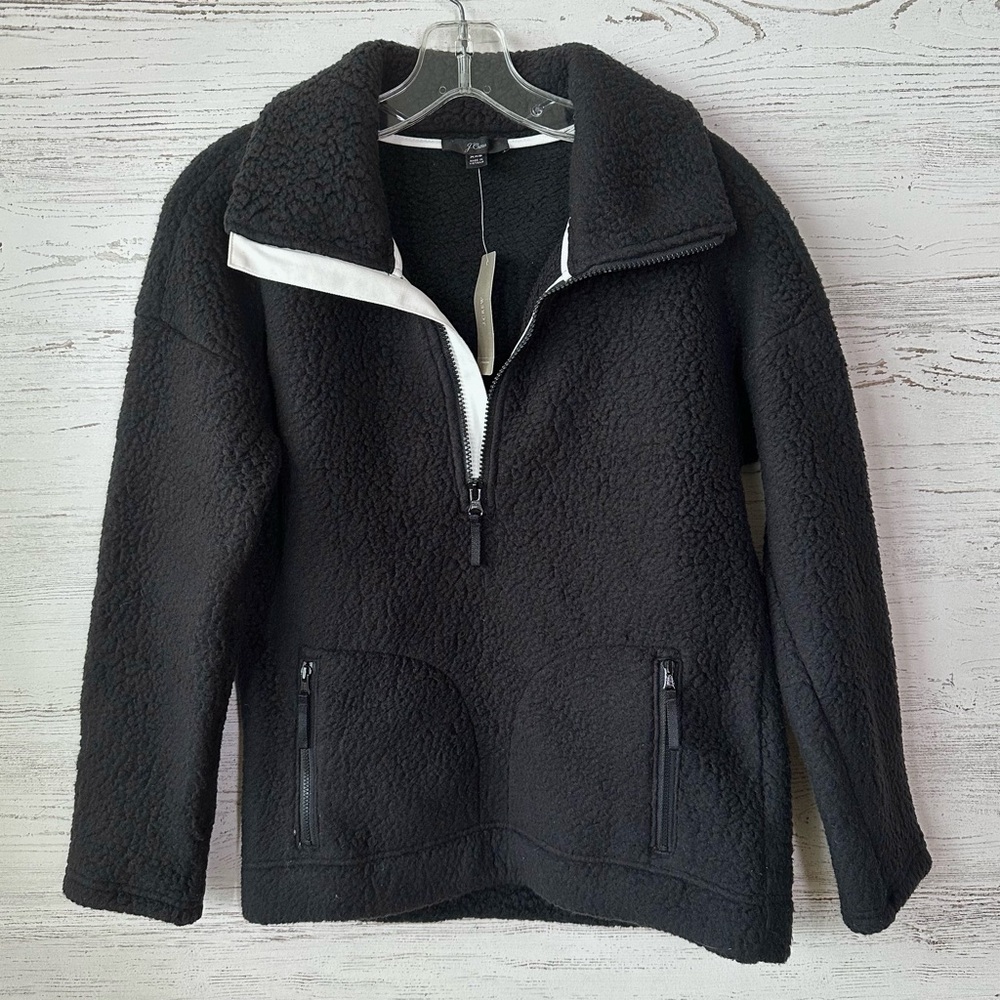 NWT J. CREW Polartec Women’s Fleece Half Zip Pullover Teddy Jacket Black XXS - Picture 1 of 9